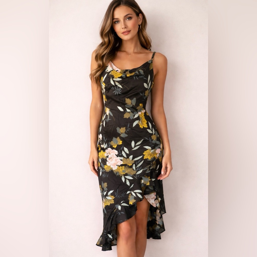 Missguided Black Floral Cowl Midi Dress with Yellow & Pink Blooms